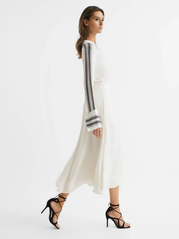 REISS Dresses Women Side Stripe Tie Front Midi Dress Ivory