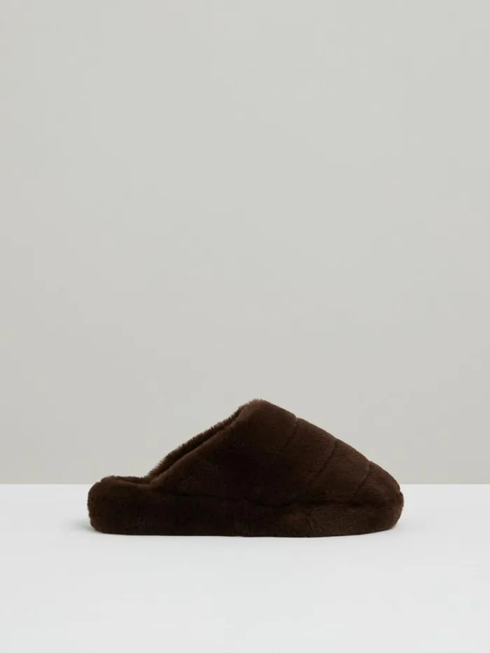 REISS Flats Women Faux Fur Slippers Chocolate