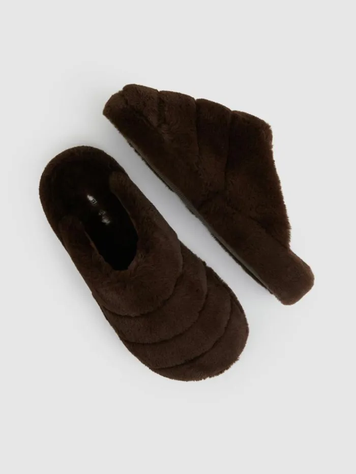 REISS Flats Women Faux Fur Slippers Chocolate