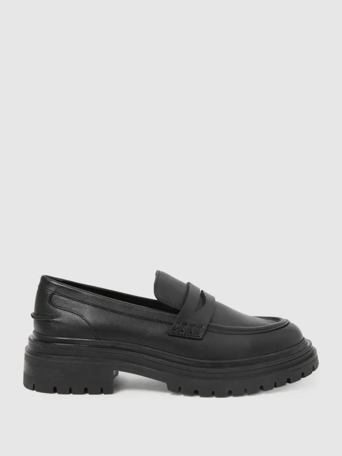 REISS Flats Women Leather Chunky Cleated Loafers Black