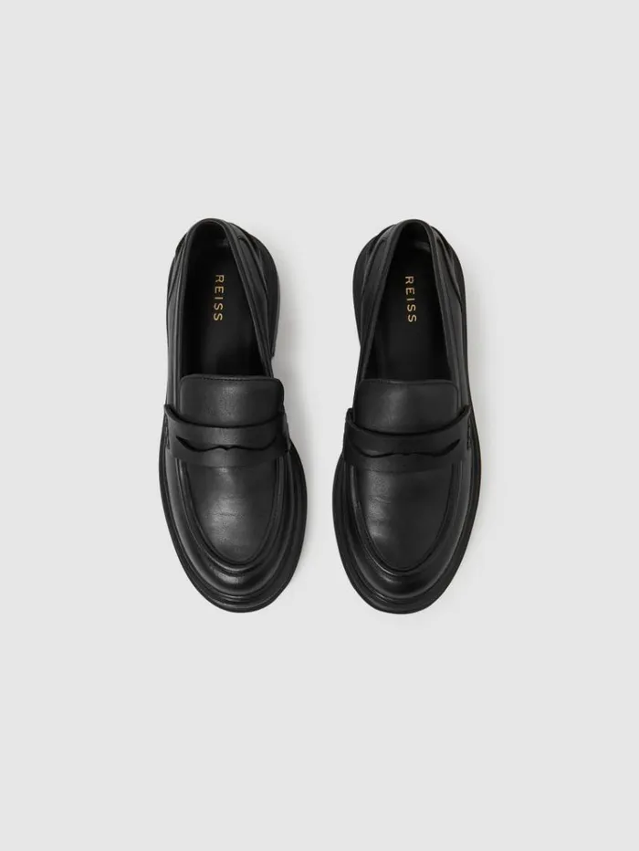 REISS Flats Women Leather Chunky Cleated Loafers Black