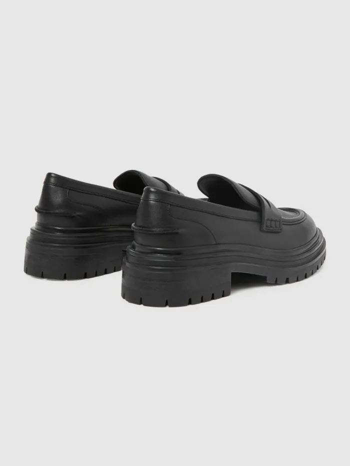 REISS Flats Women Leather Chunky Cleated Loafers Black