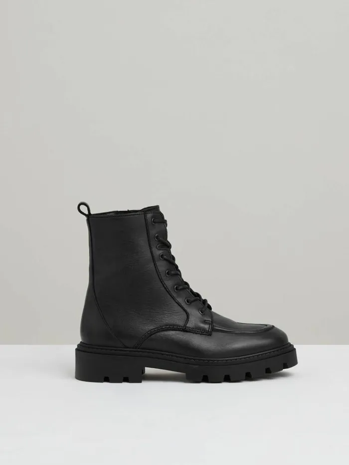 REISS Flats Women Leather LaceUp Boots Black