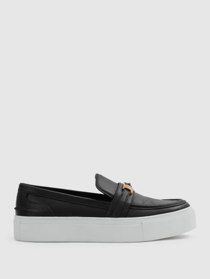 REISS Flats Women Leather Loafer Trainers Black