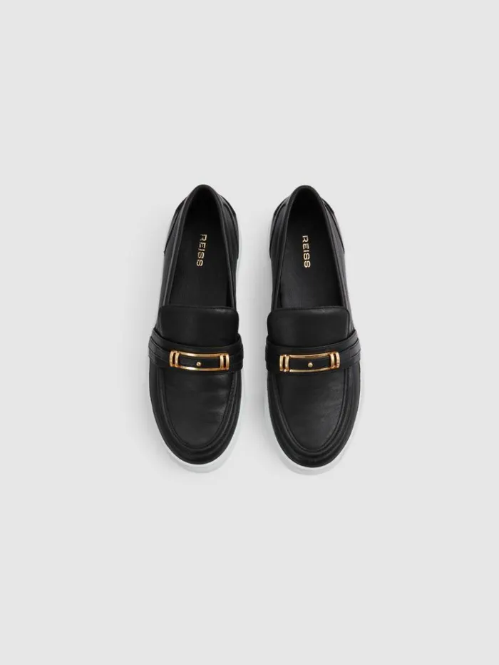 REISS Flats Women Leather Loafer Trainers Black