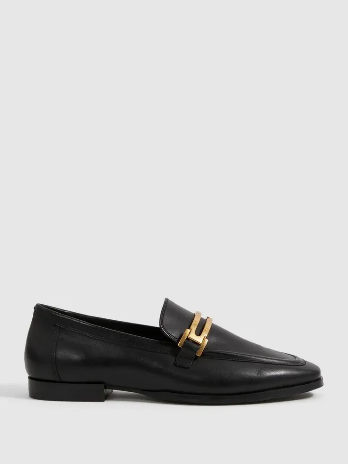 REISS Flats Women Leather Rounded Loafers Black