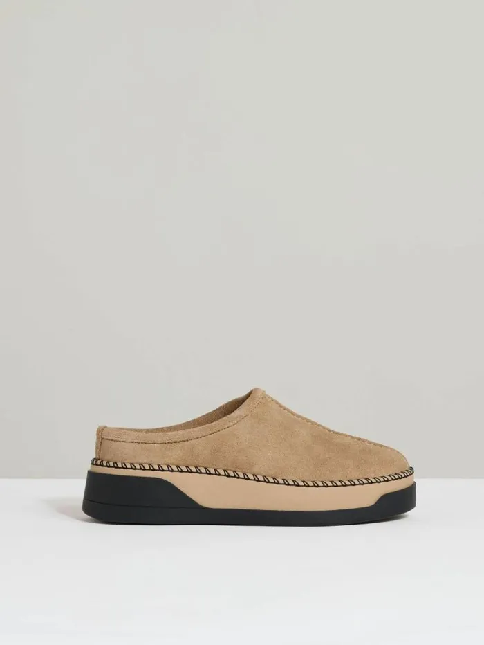 REISS Flats Women Suede ShearlingLined Mules Tan