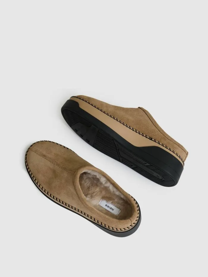 REISS Flats Women Suede ShearlingLined Mules Tan