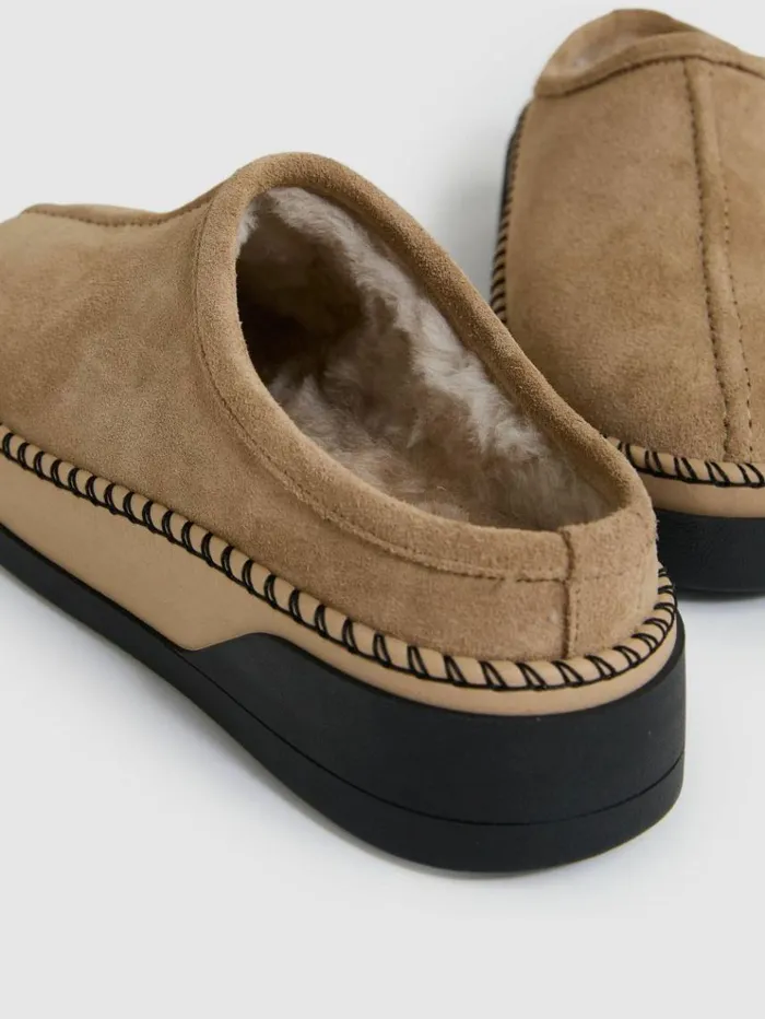 REISS Flats Women Suede ShearlingLined Mules Tan