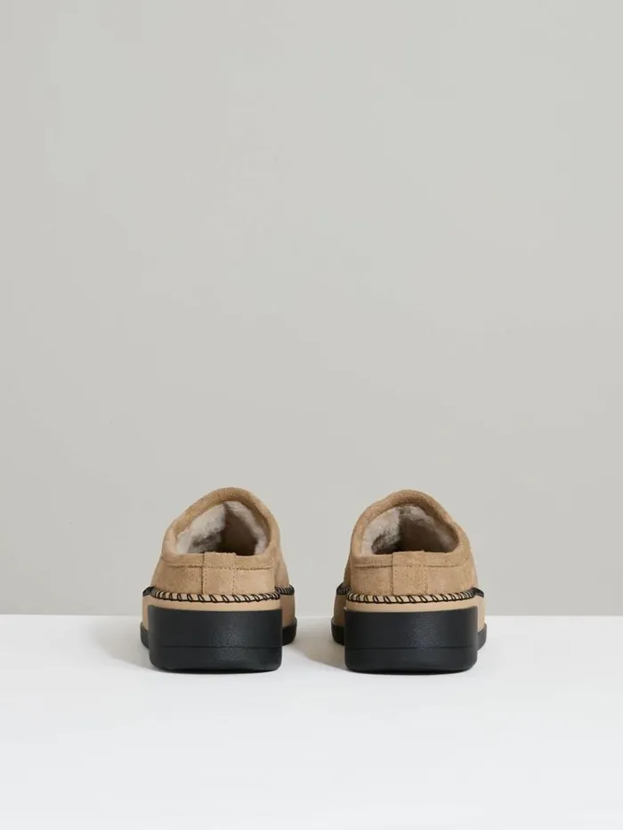 REISS Flats Women Suede ShearlingLined Mules Tan