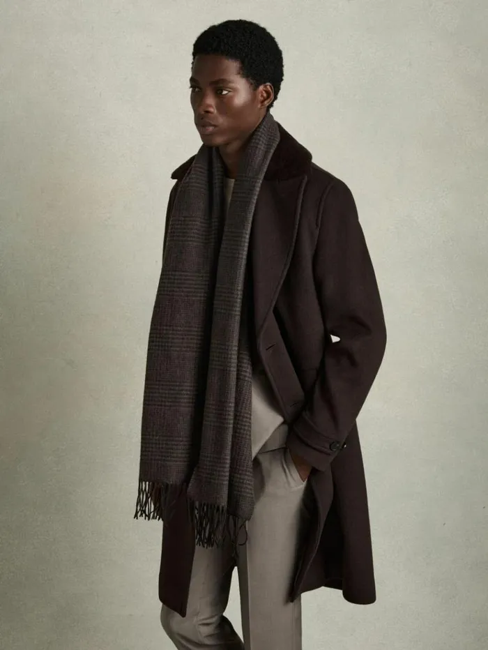 REISS Hats Gloves and Scarves Men Wool And Cashmere Prince Of Wales Check Scarf Brownblack