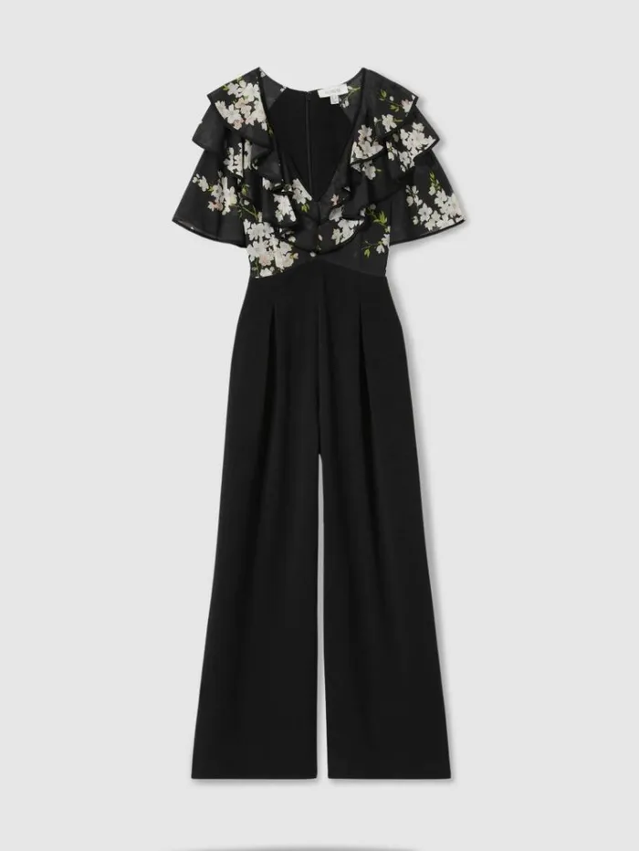 REISS Jumpsuits and Rompers Women Florere Frill Sleeve Wide Leg Black Jumpsuit Black