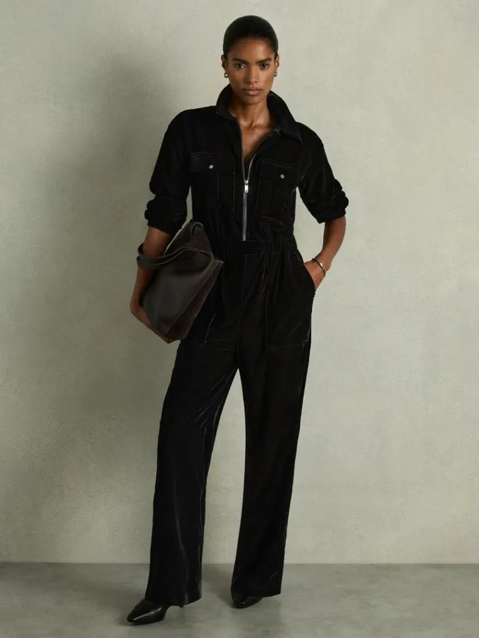 REISS Jumpsuits and Rompers Women PatchPocket Velvet Jumpsuit Black