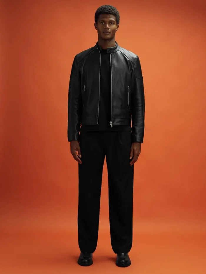 REISS Leather and Suede Jackets Men McLaren F1 Embossed Leather Jacket Black