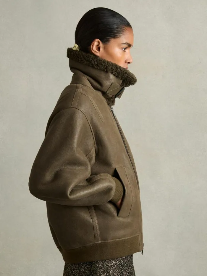 REISS Leather Jackets Women Shearling Aviator Jacket Dark Khaki