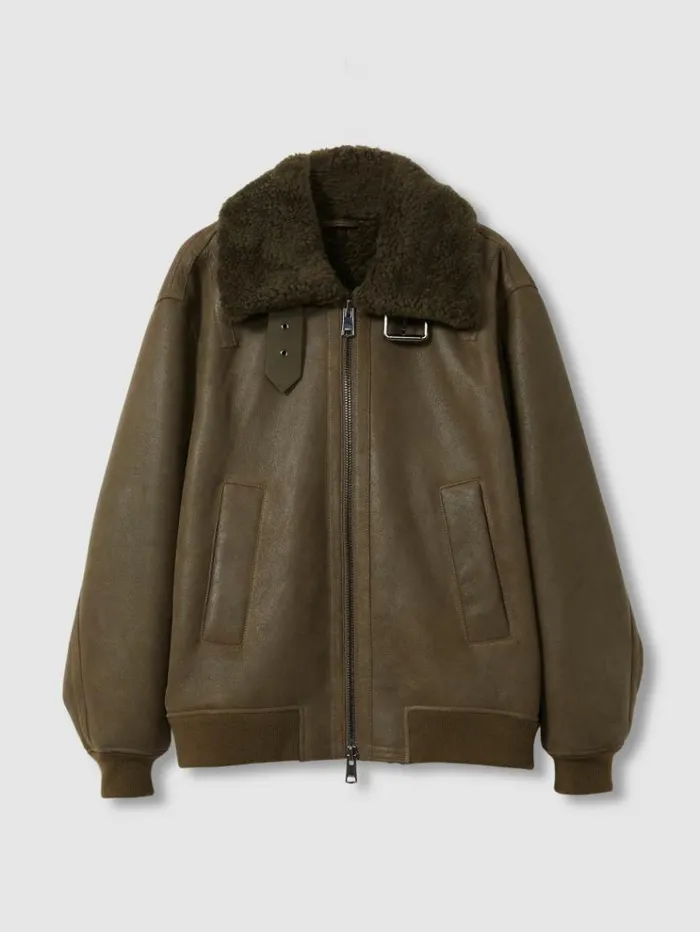 REISS Leather Jackets Women Shearling Aviator Jacket Dark Khaki