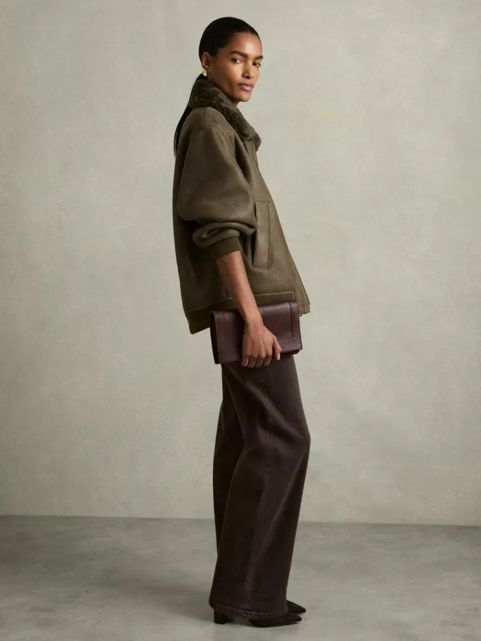 REISS Leather Jackets Women Shearling Aviator Jacket Dark Khaki