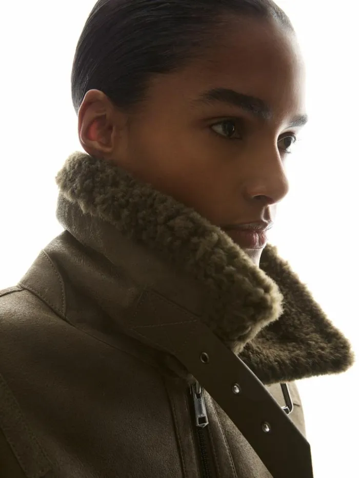 REISS Leather Jackets Women Shearling Aviator Jacket Dark Khaki