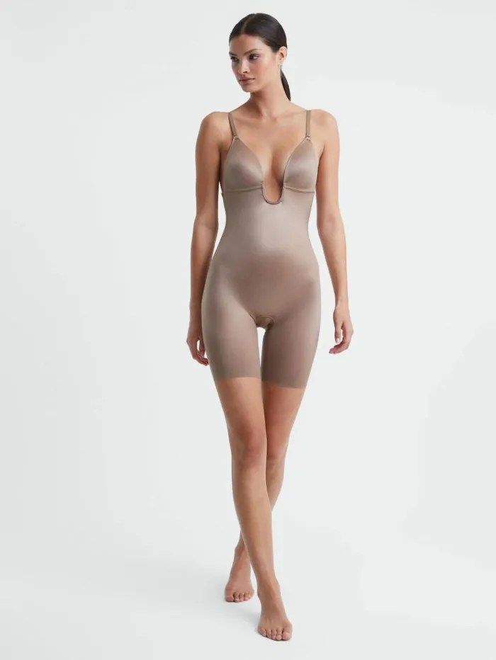REISS Lingerie Women Spanx Shapewear Firming Plunge LowBack MidThigh Bodysuit Cafe Au Lait REISS Lingerie Women Spanx Shapewear Firming Plunge LowBack MidThigh Bodysuit Cafe Au Lait