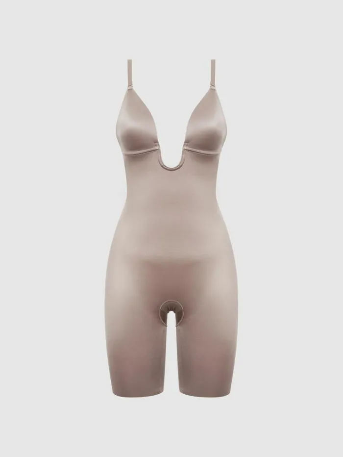 REISS Lingerie Women Spanx Shapewear Firming Plunge LowBack MidThigh Bodysuit Cafe Au Lait