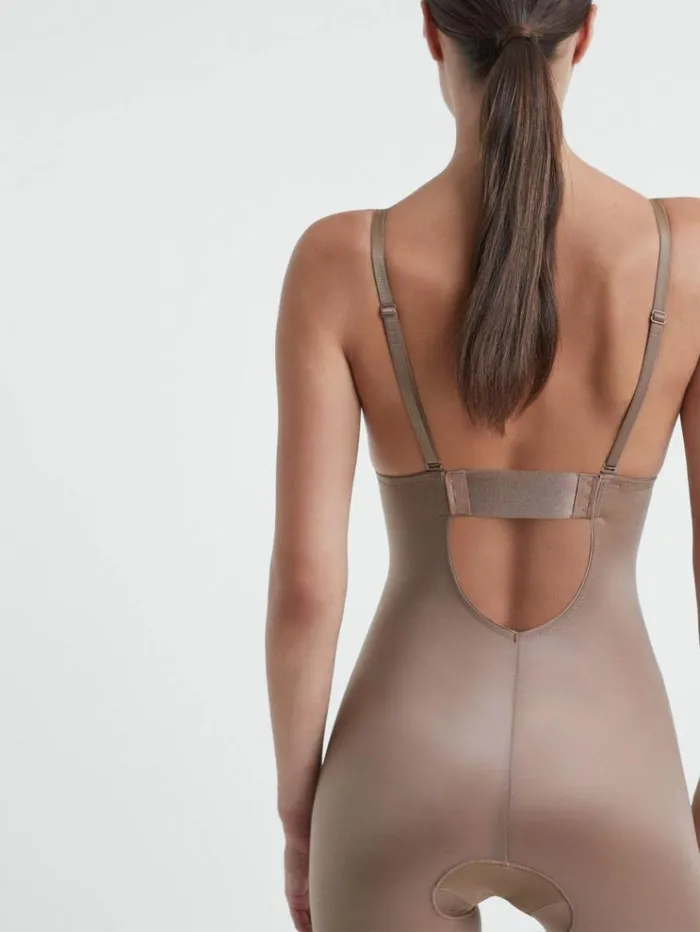REISS Lingerie Women Spanx Shapewear Firming Plunge LowBack MidThigh Bodysuit Cafe Au Lait