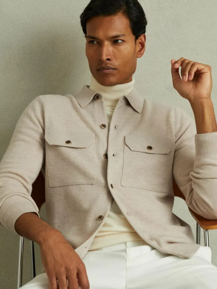 REISS Merino Sweaters Men Merino Wool Button Front Cardigan Oatmeal