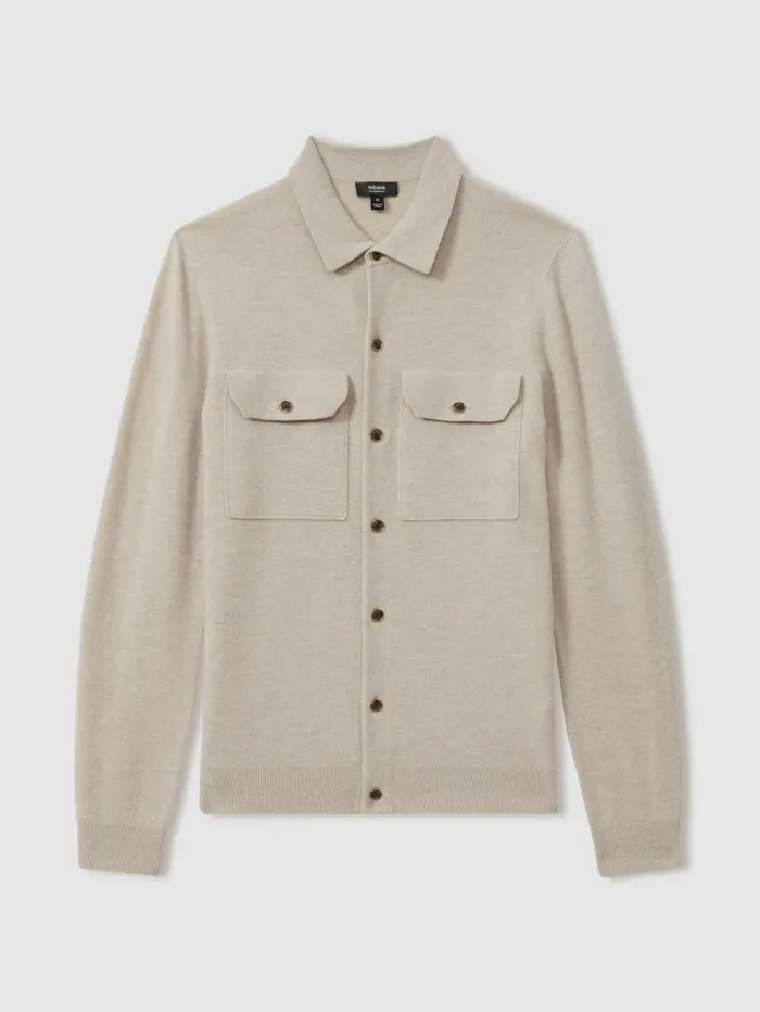 REISS Merino Sweaters Men Merino Wool Button Front Cardigan Oatmeal