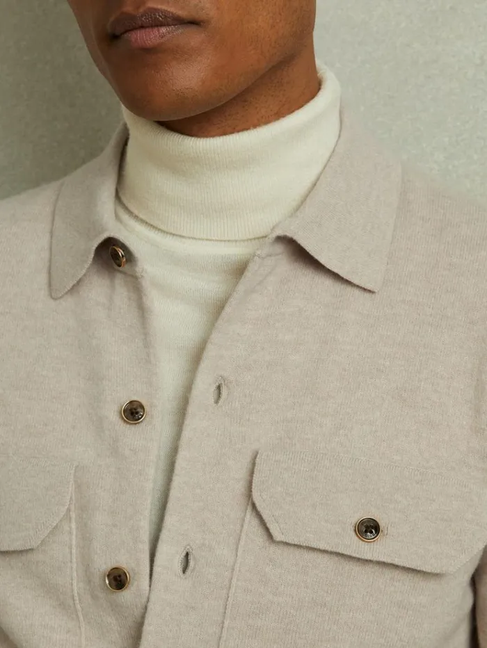 REISS Merino Sweaters Men Merino Wool Button Front Cardigan Oatmeal