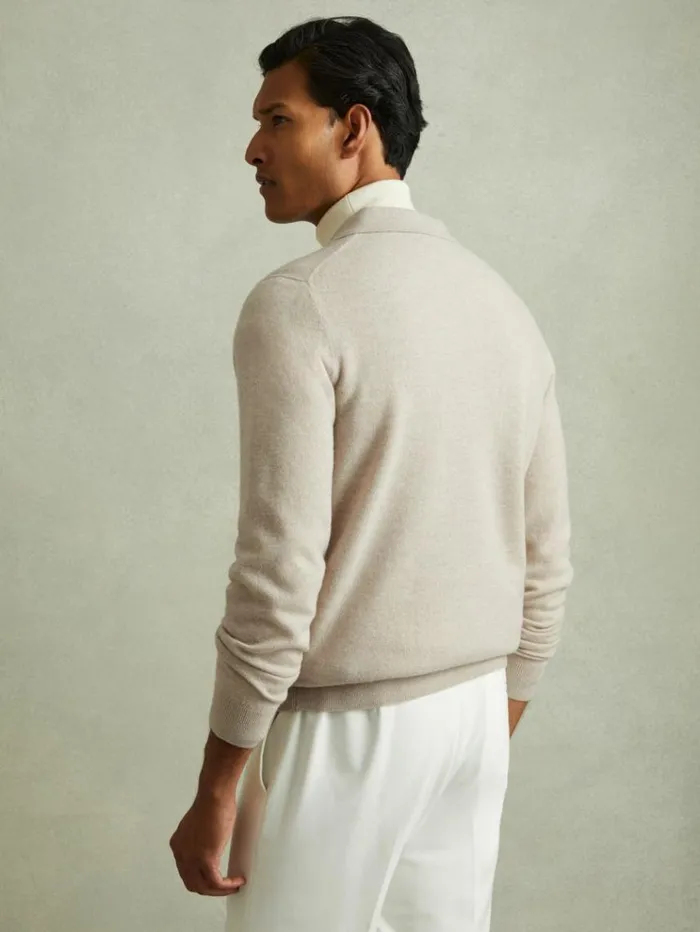REISS Merino Sweaters Men Merino Wool Button Front Cardigan Oatmeal