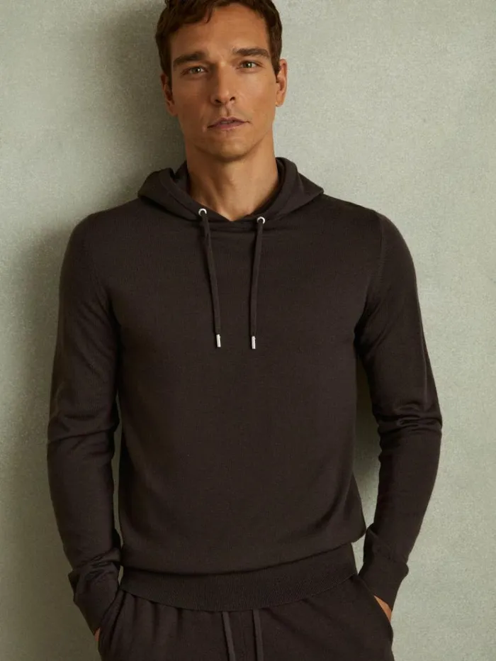 REISS Merino Sweaters Men Merino Wool Drawstring Hoodie Coco Brown