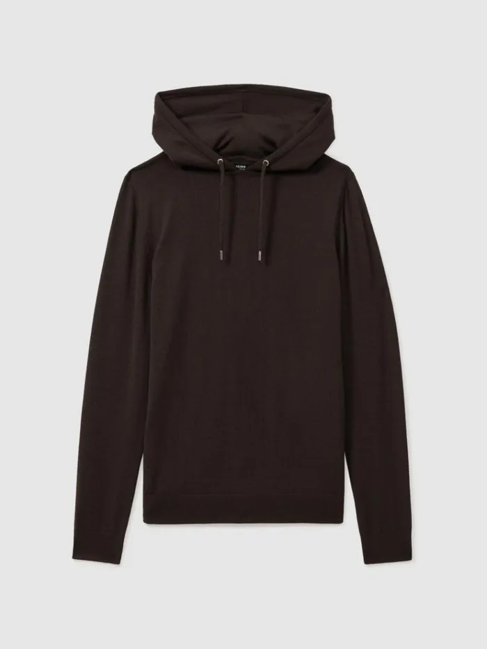 REISS Merino Sweaters Men Merino Wool Drawstring Hoodie Coco Brown