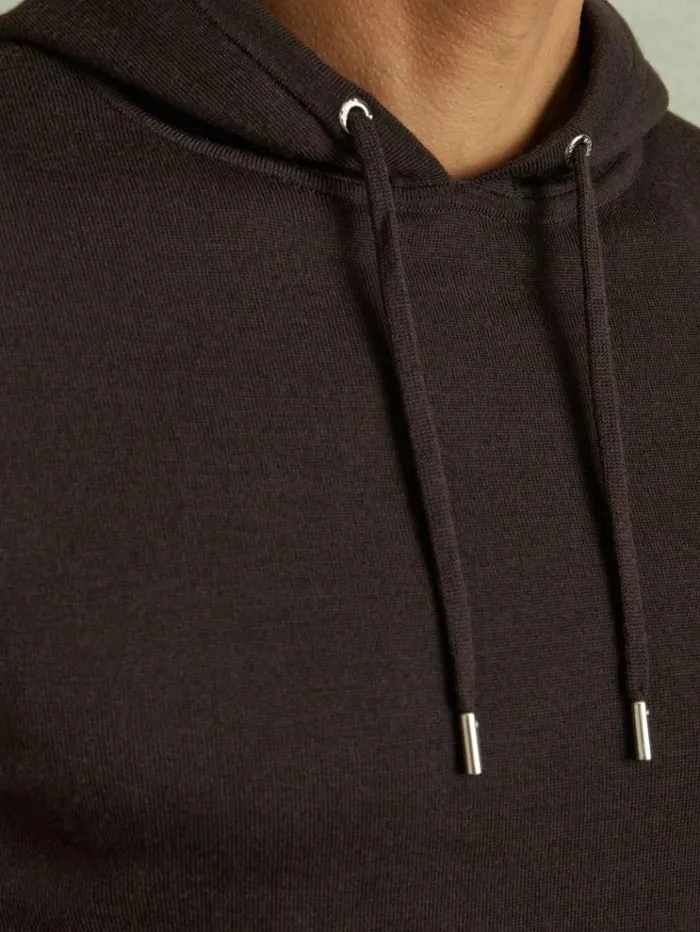 REISS Merino Sweaters Men Merino Wool Drawstring Hoodie Coco Brown