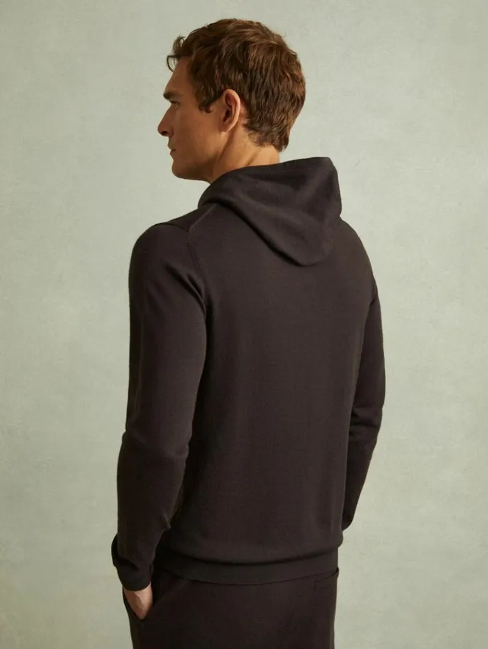 REISS Merino Sweaters Men Merino Wool Drawstring Hoodie Coco Brown