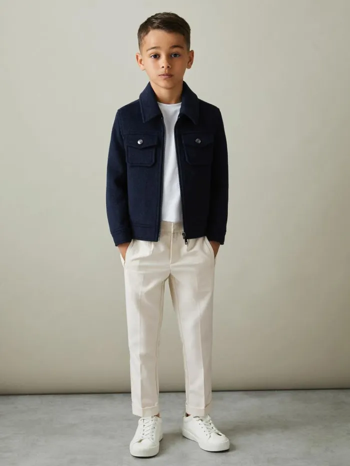 REISS Pants Children Relaxed Elasticated Trousers With TurnUps Ecru