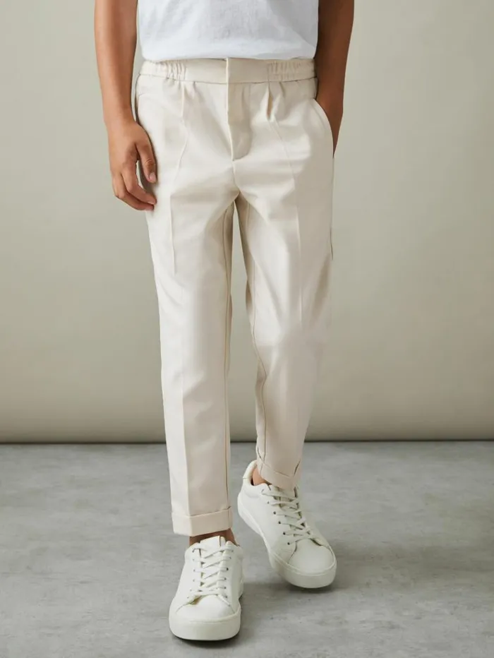 REISS Pants Children Relaxed Elasticated Trousers With TurnUps Ecru