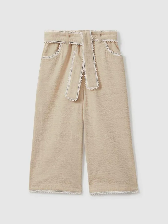 REISS Pants Children Textured Lace Trim Trousers Cream