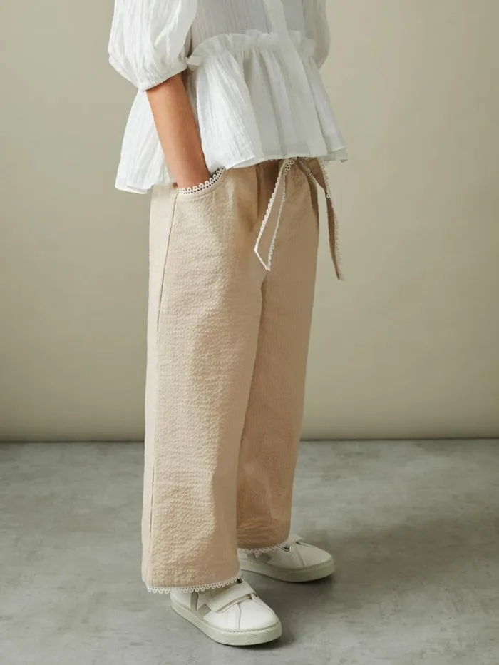 REISS Pants Children Textured Lace Trim Trousers Cream