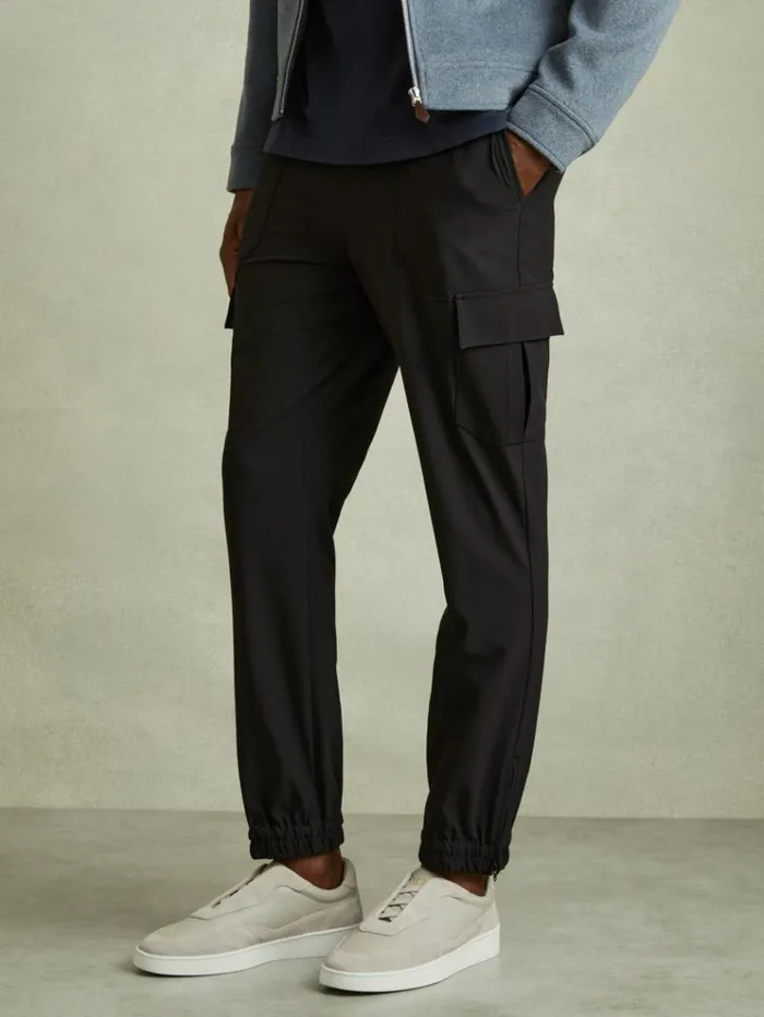 REISS Pants Men Elasticated Cargo Trousers Black
