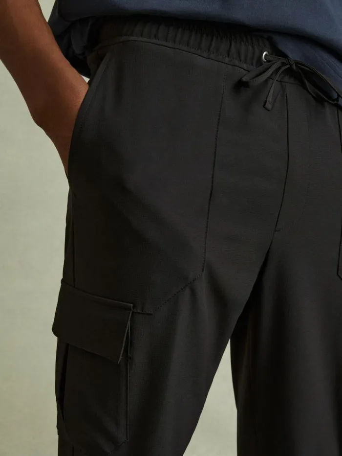 REISS Pants Men Elasticated Cargo Trousers Black