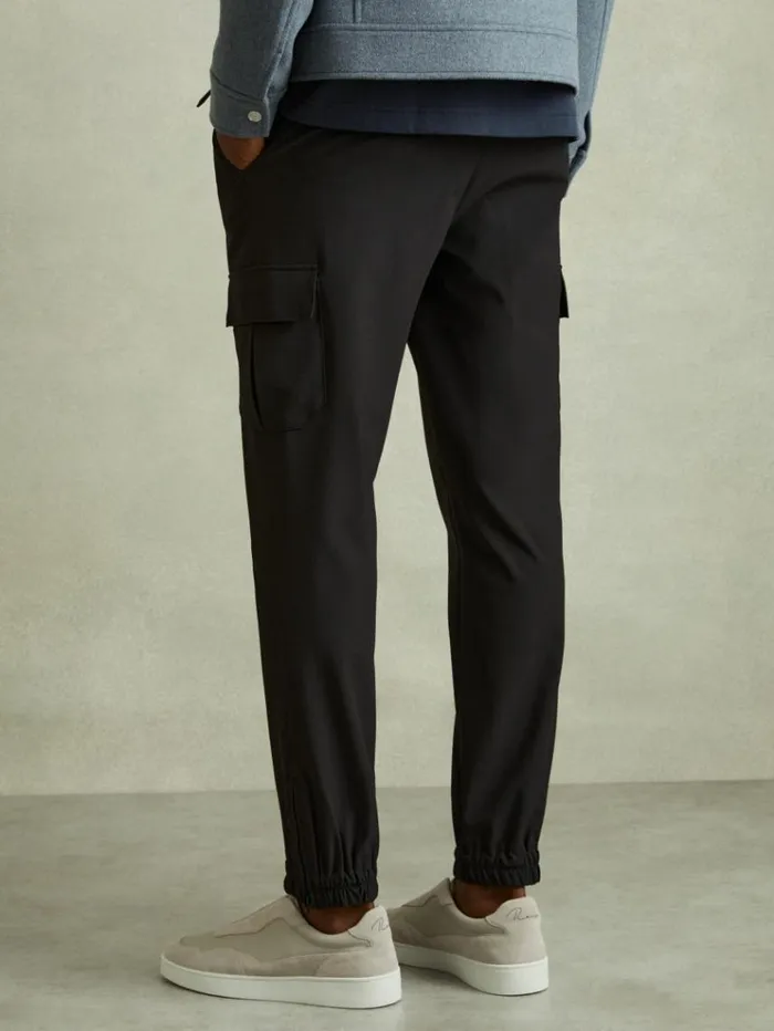 REISS Pants Men Elasticated Cargo Trousers Black