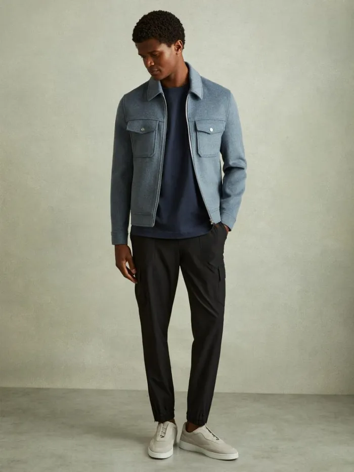 REISS Pants Men Elasticated Cargo Trousers Black
