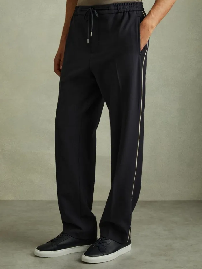 REISS Pants Men Relaxed Contrast Pipe Detail Trousers Navyivory Stripe