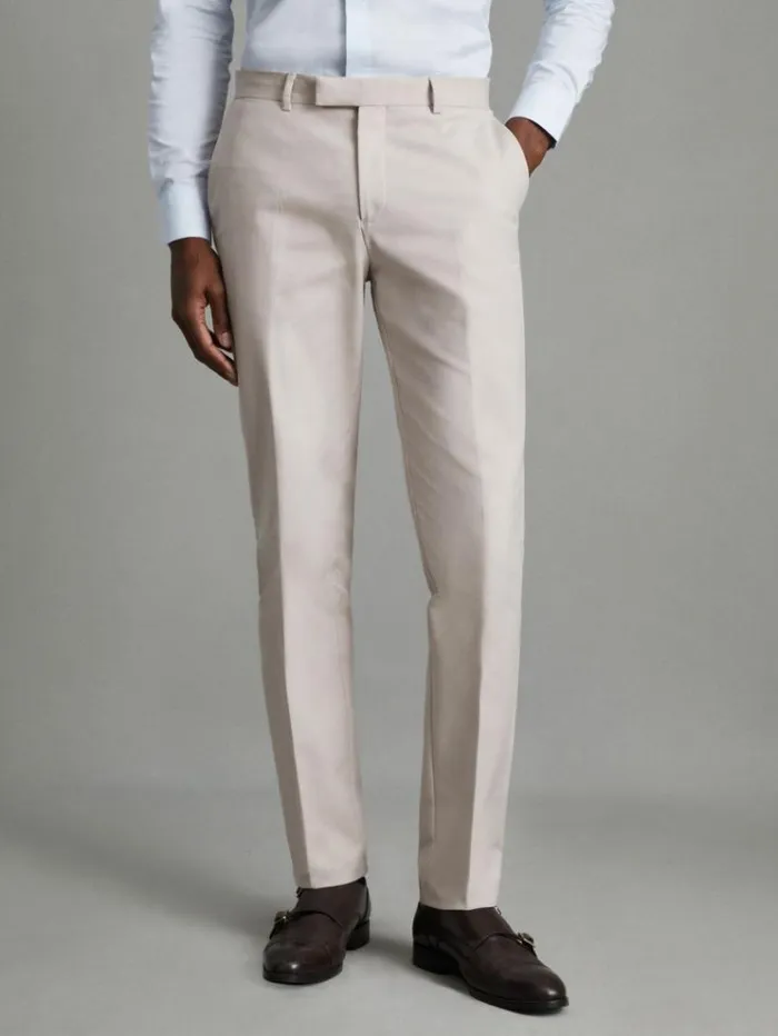 REISS Pants Men Slim Fit Cotton Blend Chinos Stone