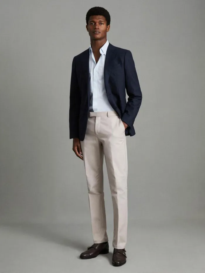 REISS Pants Men Slim Fit Cotton Blend Chinos Stone