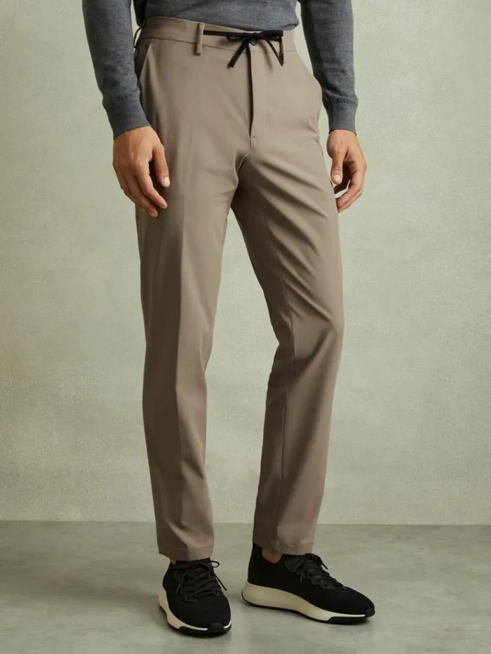 REISS Pants Men Technical Drawstring Trousers Taupe Brown