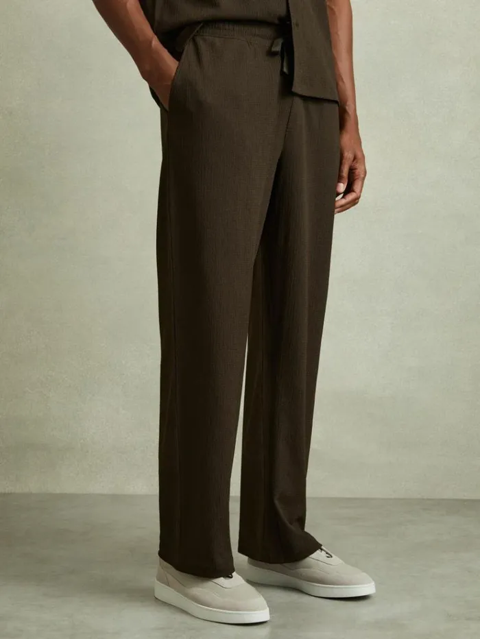 REISS Pants Men Textured Crepe Drawstring Trousers Dark Olive Green