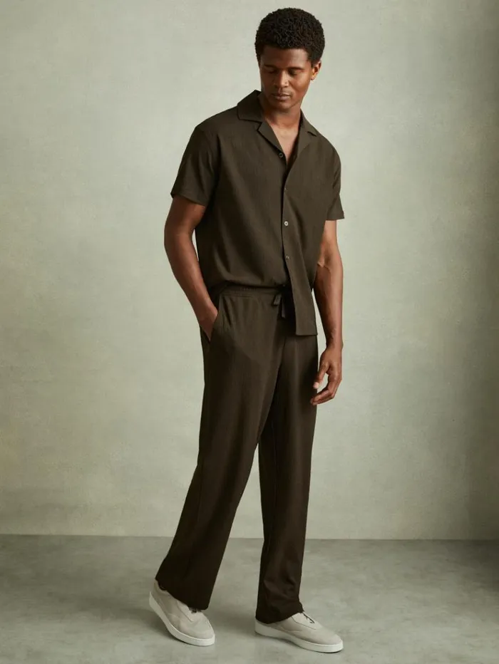 REISS Pants Men Textured Crepe Drawstring Trousers Dark Olive Green
