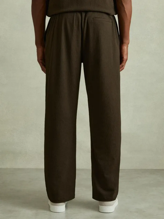 REISS Pants Men Textured Crepe Drawstring Trousers Dark Olive Green