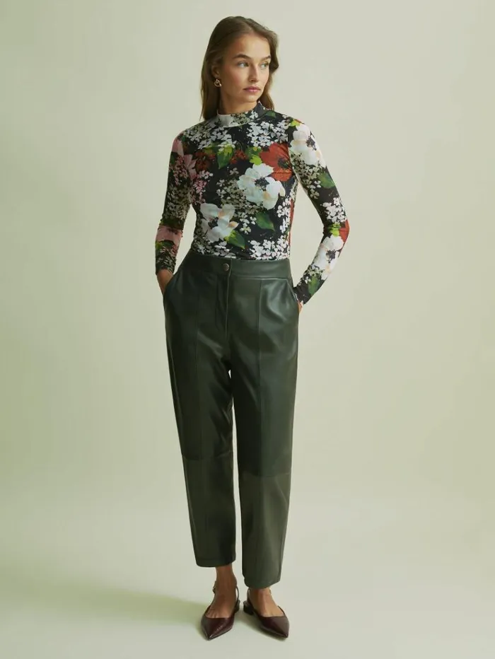 REISS Pants Women Florere Tapered Leather Trousers Khaki