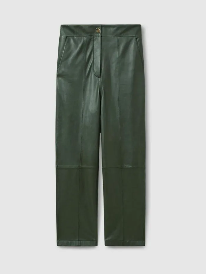 REISS Pants Women Florere Tapered Leather Trousers Khaki